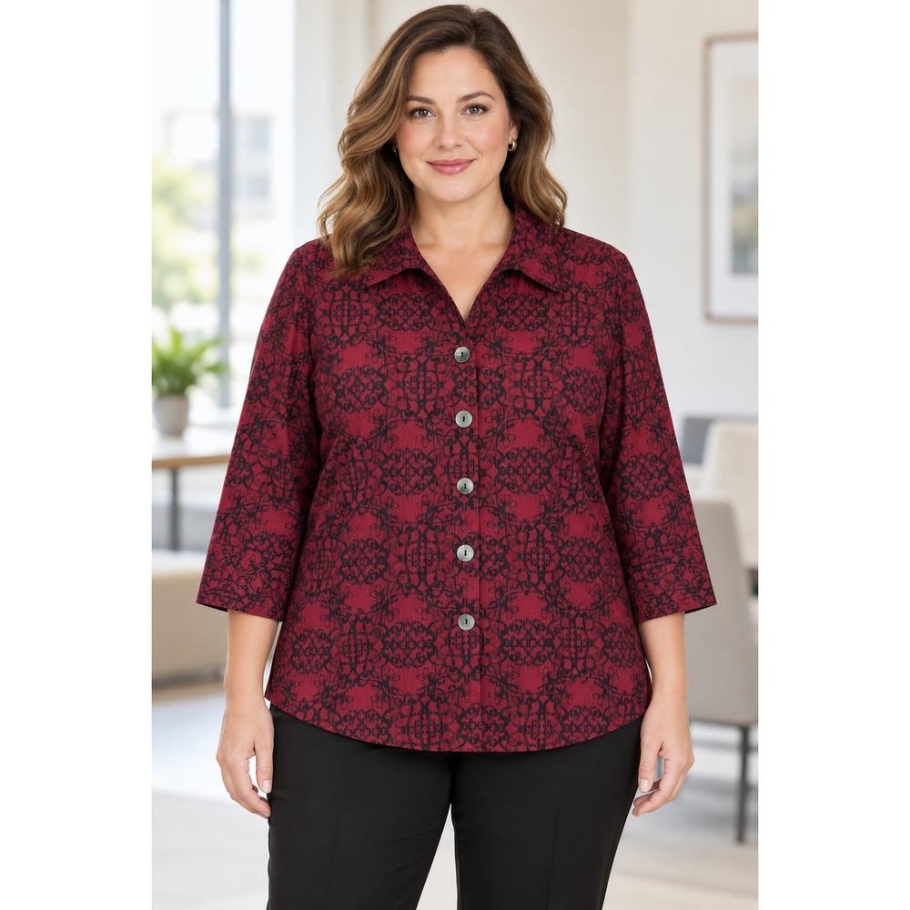 Westbound Womens Dark Red Wrinkle Free Button Up Shirt Size 18 Geometric Print